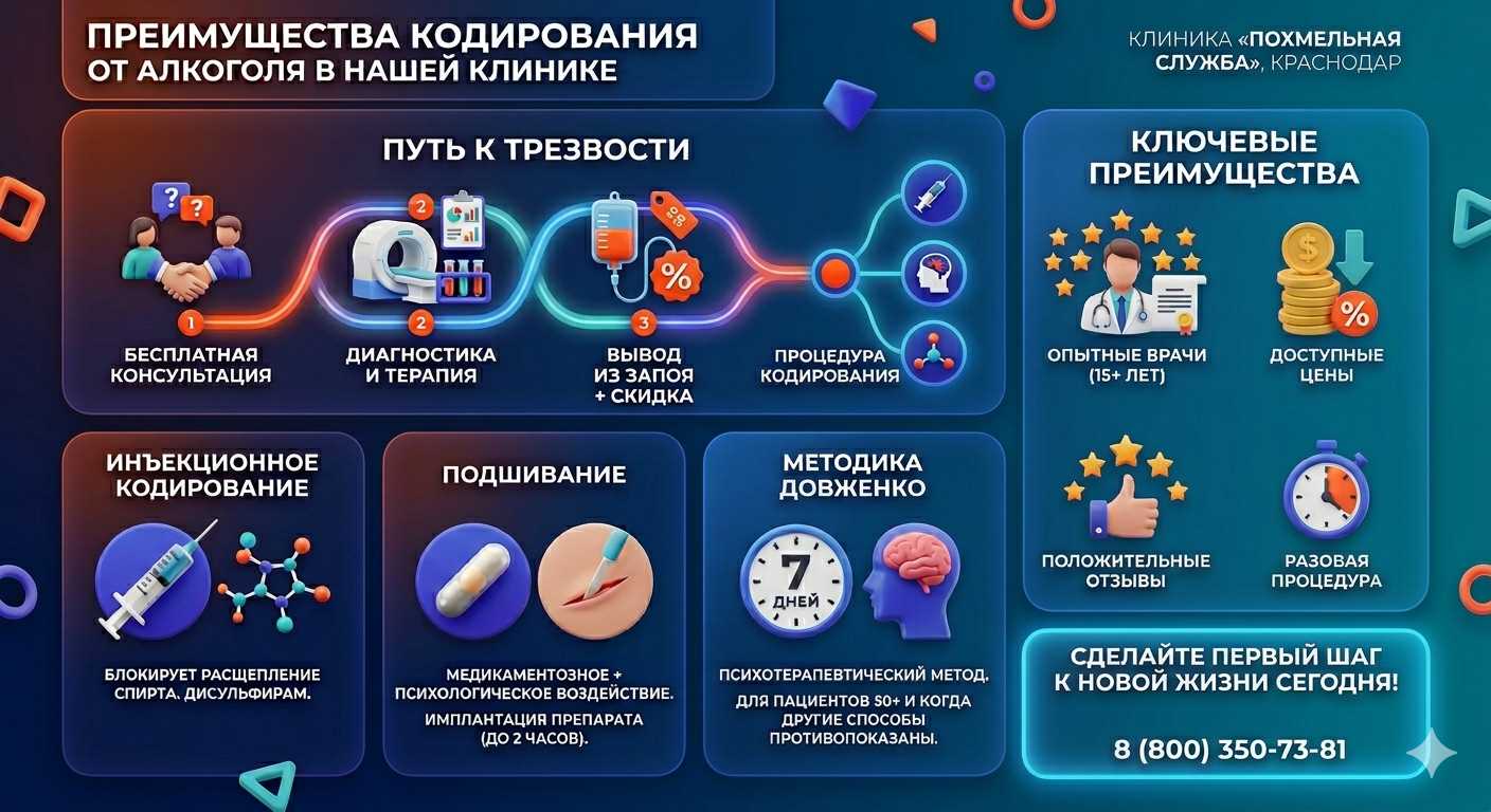Инфографика о методах кодирования от алкоголя в Кугеси: инъекции, подшивание, метод Довженко. Преимущества клиники и этапы лечения.